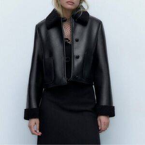 Zara Black Faux Leather Jacket with Plush Collar